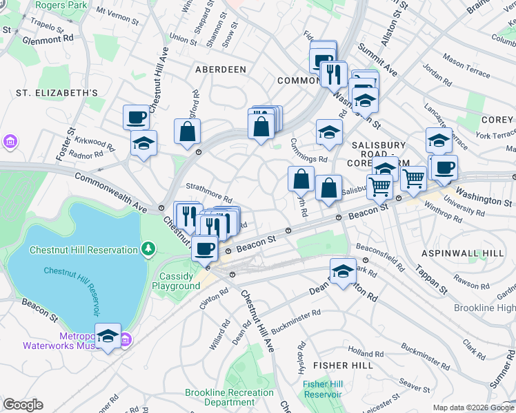 map of restaurants, bars, coffee shops, grocery stores, and more near 16 Lanark Road in Boston