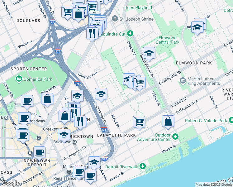 map of restaurants, bars, coffee shops, grocery stores, and more near 1409 Joliet Place in Detroit