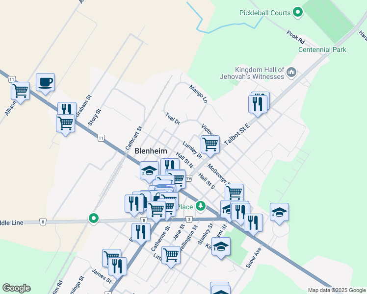 map of restaurants, bars, coffee shops, grocery stores, and more near 71 Lumley Street in Blenheim