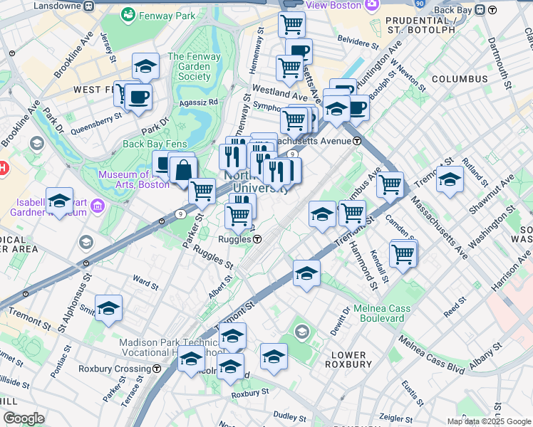 map of restaurants, bars, coffee shops, grocery stores, and more near 110 Forsyth Street in Boston