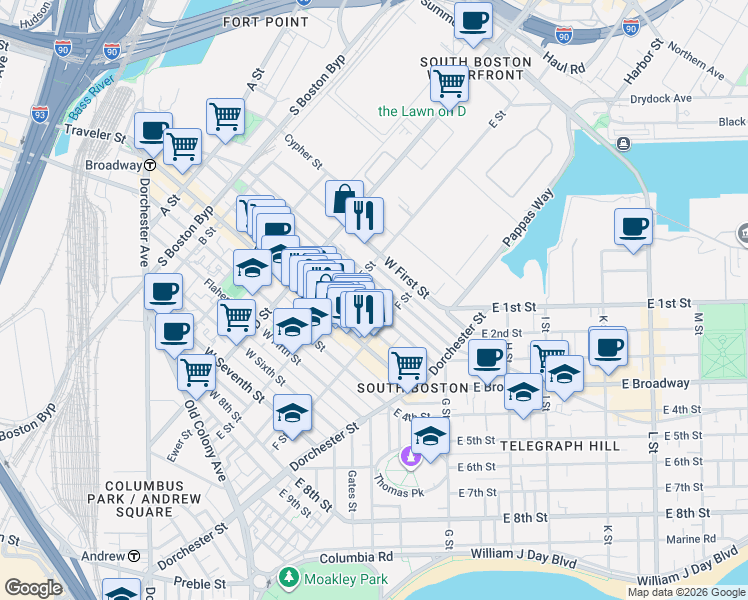 map of restaurants, bars, coffee shops, grocery stores, and more near 321 West 2nd Street in Boston