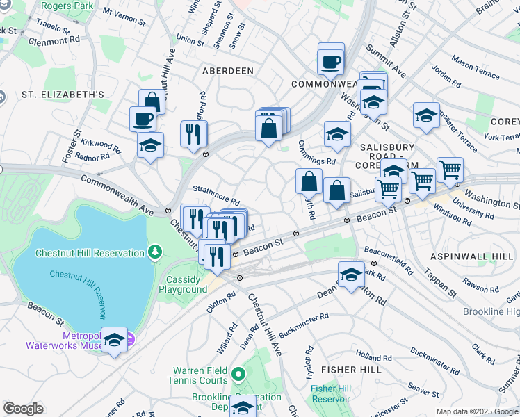 map of restaurants, bars, coffee shops, grocery stores, and more near 53 Strathmore Road in Boston