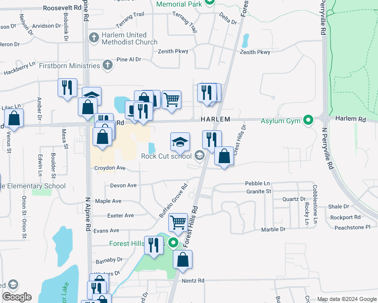 map of restaurants, bars, coffee shops, grocery stores, and more near 7944 Forest Hills Road in Loves Park