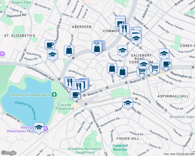 map of restaurants, bars, coffee shops, grocery stores, and more near 16 Lanark Road in Boston