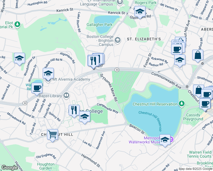 map of restaurants, bars, coffee shops, grocery stores, and more near 150 Saint Thomas More Road in Boston
