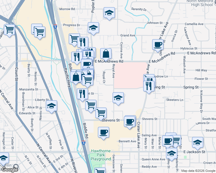 map of restaurants, bars, coffee shops, grocery stores, and more near 935 Royal Avenue in Medford