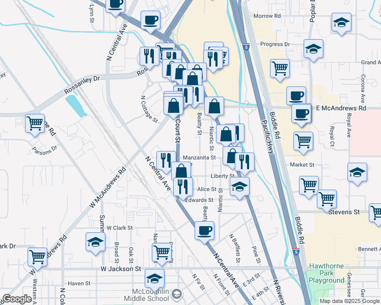 map of restaurants, bars, coffee shops, grocery stores, and more near 1124 Court Street in Medford