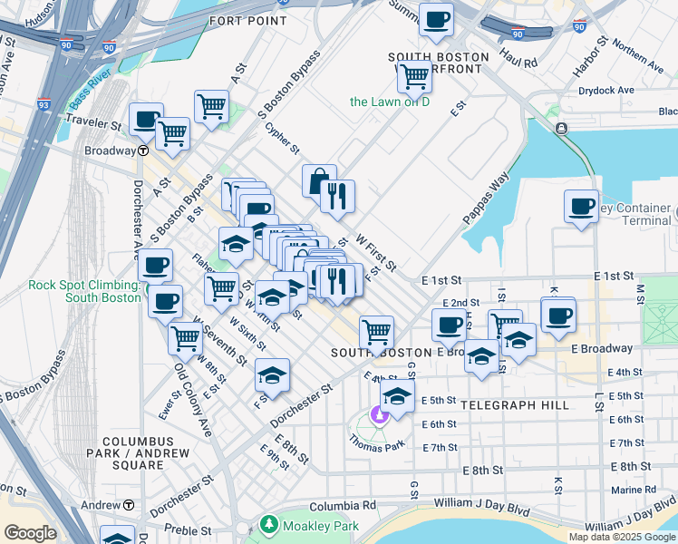 map of restaurants, bars, coffee shops, grocery stores, and more near 321 West 2nd Street in Boston