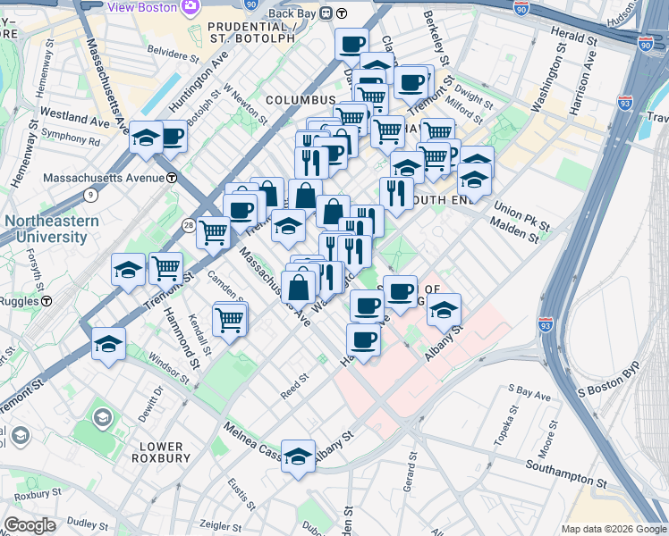 map of restaurants, bars, coffee shops, grocery stores, and more near 97 West Concord Street in Boston