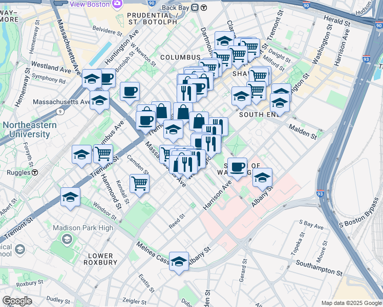 map of restaurants, bars, coffee shops, grocery stores, and more near 97 West Concord Street in Boston