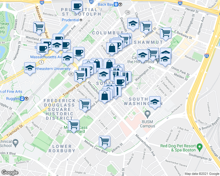 map of restaurants, bars, coffee shops, grocery stores, and more near 57 Worcester Street in Boston