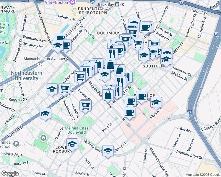 map of restaurants, bars, coffee shops, grocery stores, and more near 57 Worcester Street in Boston