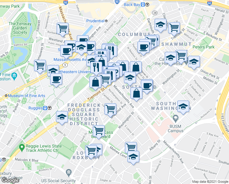 map of restaurants, bars, coffee shops, grocery stores, and more near in Boston