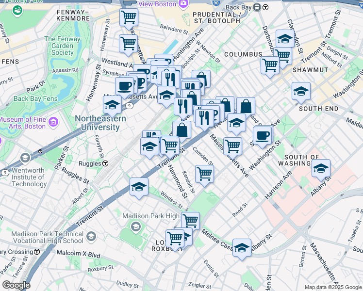 map of restaurants, bars, coffee shops, grocery stores, and more near 268-272 Northampton Street in Boston
