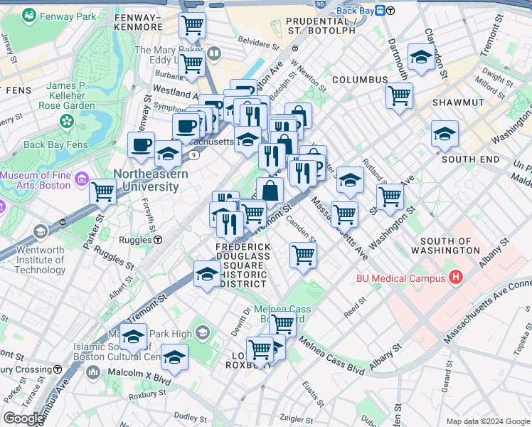 map of restaurants, bars, coffee shops, grocery stores, and more near in Boston