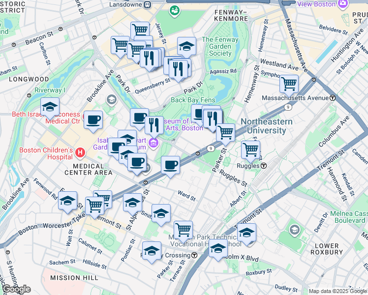 map of restaurants, bars, coffee shops, grocery stores, and more near 230 Evans Way in Boston