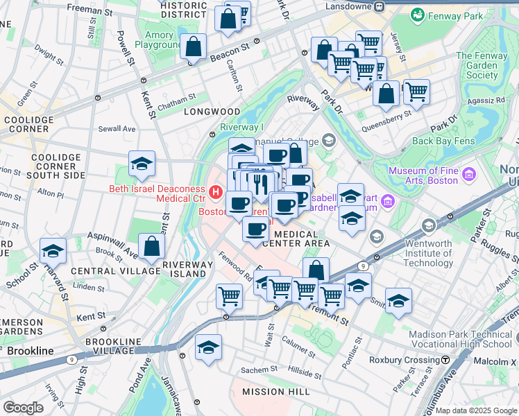 map of restaurants, bars, coffee shops, grocery stores, and more near 350 Longwood Avenue in Boston