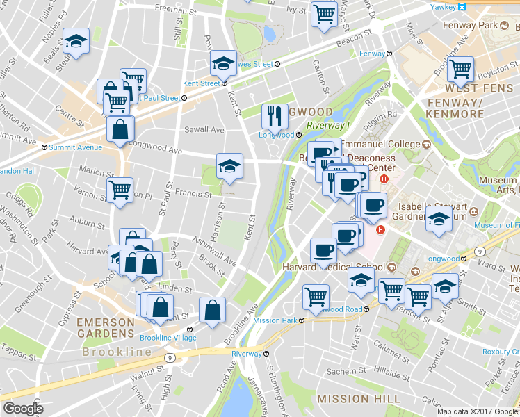 map of restaurants, bars, coffee shops, grocery stores, and more near 241 Kent Street in Brookline