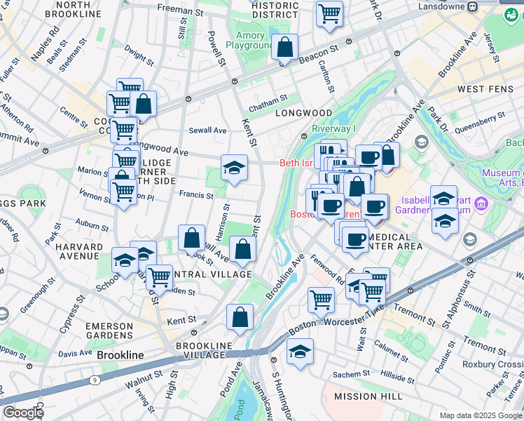 map of restaurants, bars, coffee shops, grocery stores, and more near 241 Kent Street in Brookline