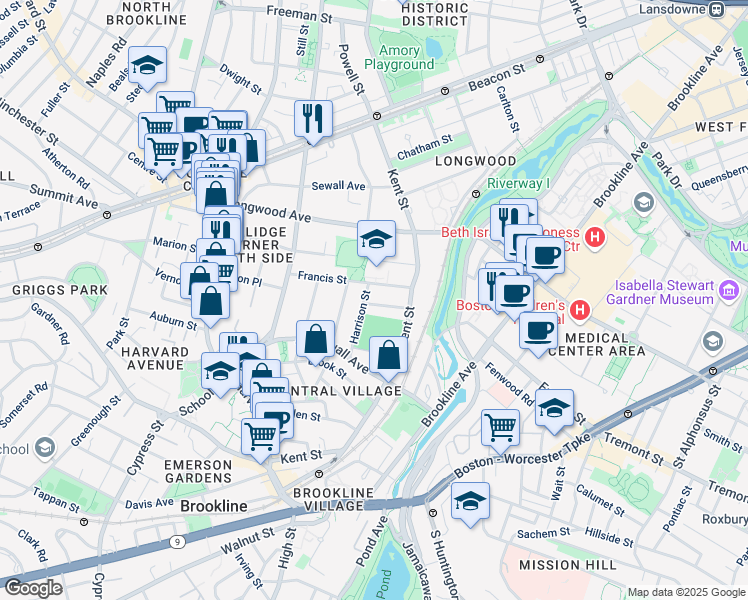 map of restaurants, bars, coffee shops, grocery stores, and more near 45 Francis Street in Brookline