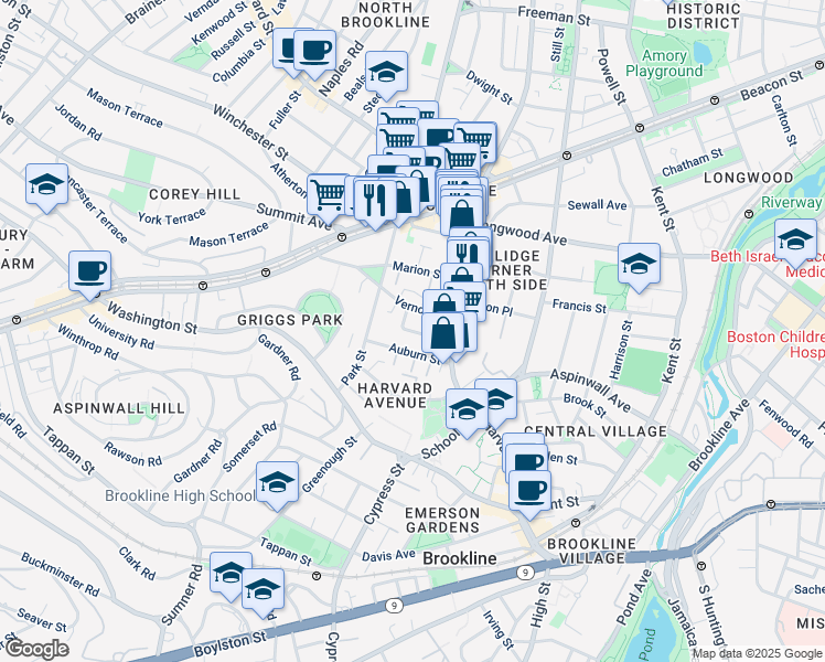 map of restaurants, bars, coffee shops, grocery stores, and more near 27 Vernon Street in Brookline