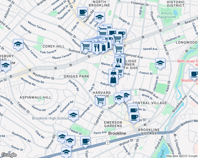 map of restaurants, bars, coffee shops, grocery stores, and more near 54 Vernon Street in Brookline
