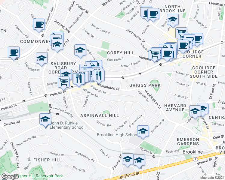 map of restaurants, bars, coffee shops, grocery stores, and more near 1581 Beacon Street in Brookline