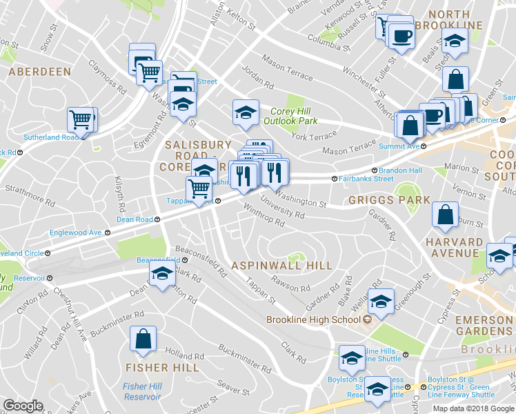 map of restaurants, bars, coffee shops, grocery stores, and more near in Brookline
