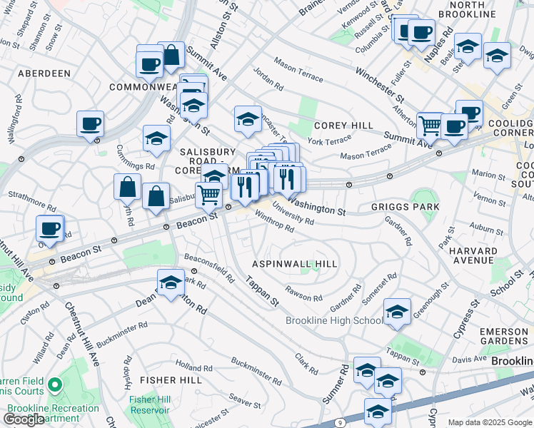 map of restaurants, bars, coffee shops, grocery stores, and more near in Brookline