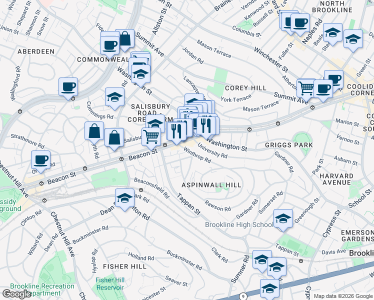 map of restaurants, bars, coffee shops, grocery stores, and more near 213 Winthrop Road in Brookline