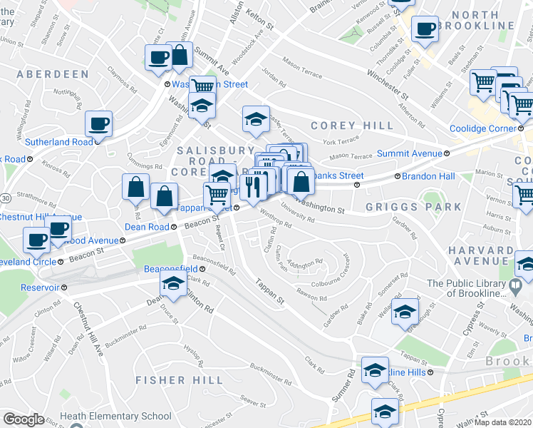 map of restaurants, bars, coffee shops, grocery stores, and more near in Brookline