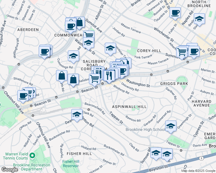 map of restaurants, bars, coffee shops, grocery stores, and more near 1674 Beacon Street in Brookline