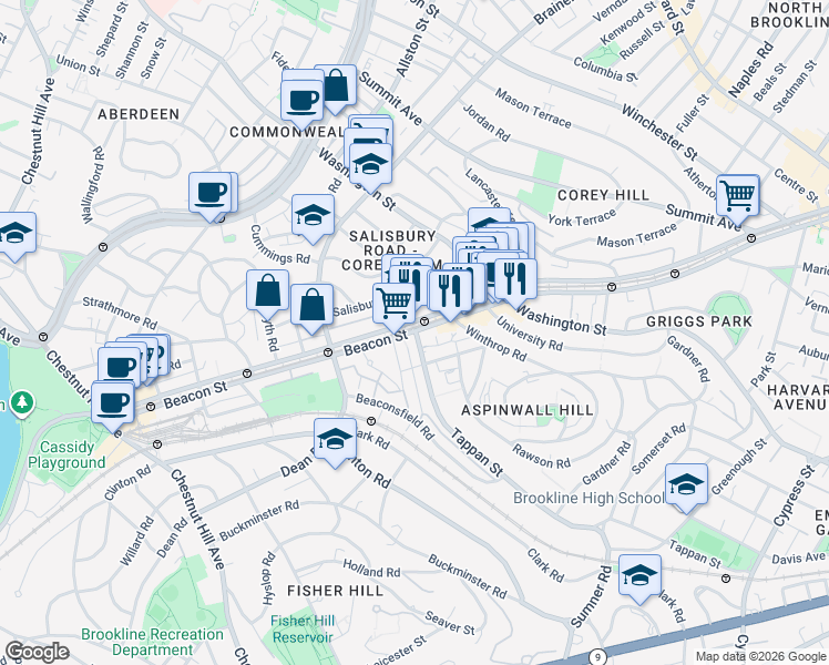 map of restaurants, bars, coffee shops, grocery stores, and more near in Brookline