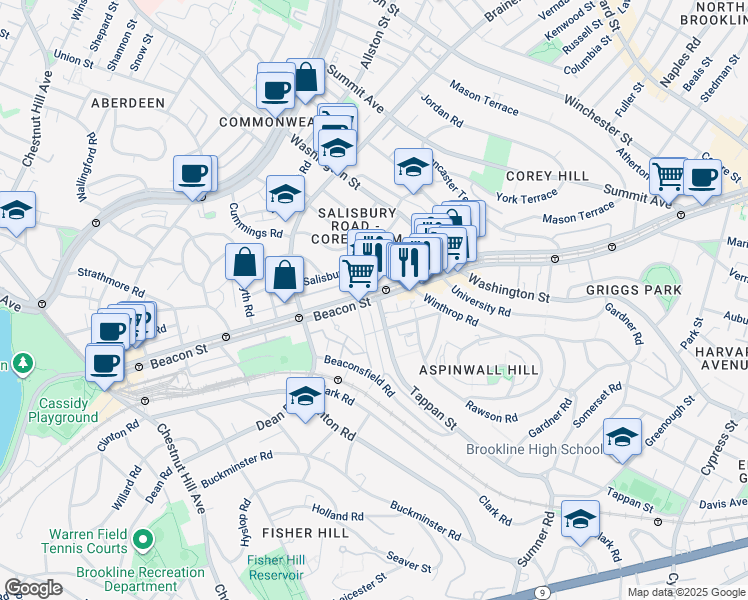 map of restaurants, bars, coffee shops, grocery stores, and more near in Brookline