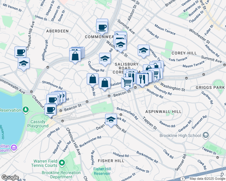 map of restaurants, bars, coffee shops, grocery stores, and more near 121 Salisbury Road in Brookline