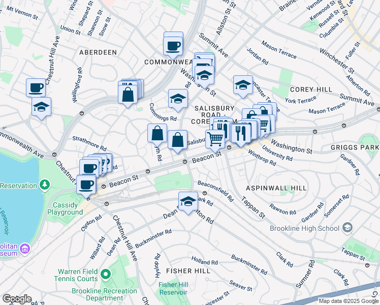 map of restaurants, bars, coffee shops, grocery stores, and more near 121 Salisbury Road in Brookline