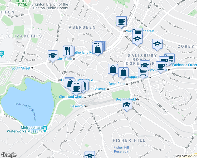 map of restaurants, bars, coffee shops, grocery stores, and more near 16 Lanark Road in Boston