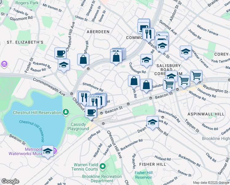 map of restaurants, bars, coffee shops, grocery stores, and more near 16 Lanark Road in Boston