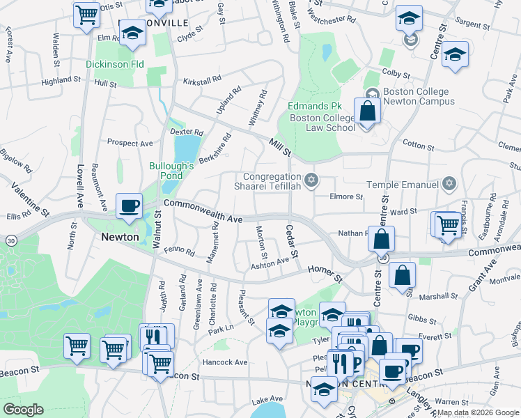 map of restaurants, bars, coffee shops, grocery stores, and more near 36 Vineyard Road in Newton