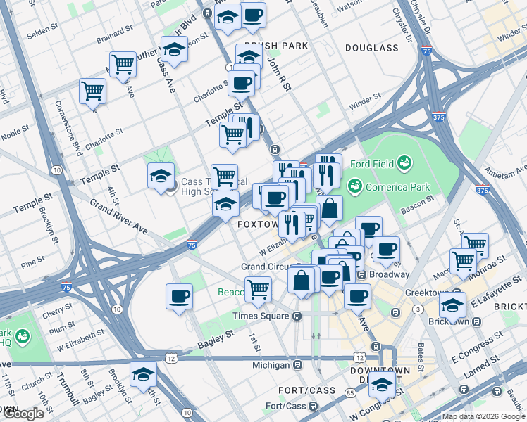 map of restaurants, bars, coffee shops, grocery stores, and more near 50 West Montcalm Street in Detroit
