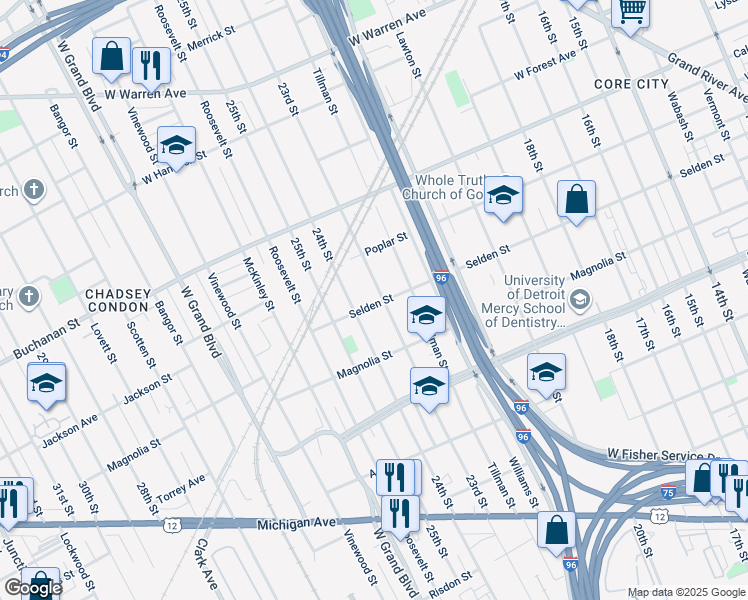 map of restaurants, bars, coffee shops, grocery stores, and more near 3957 23rd Street in Detroit