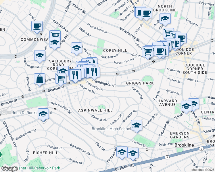 map of restaurants, bars, coffee shops, grocery stores, and more near 648 Washington Street in Brookline