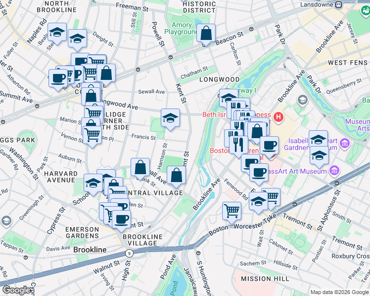 map of restaurants, bars, coffee shops, grocery stores, and more near 15 Francis Street in Brookline