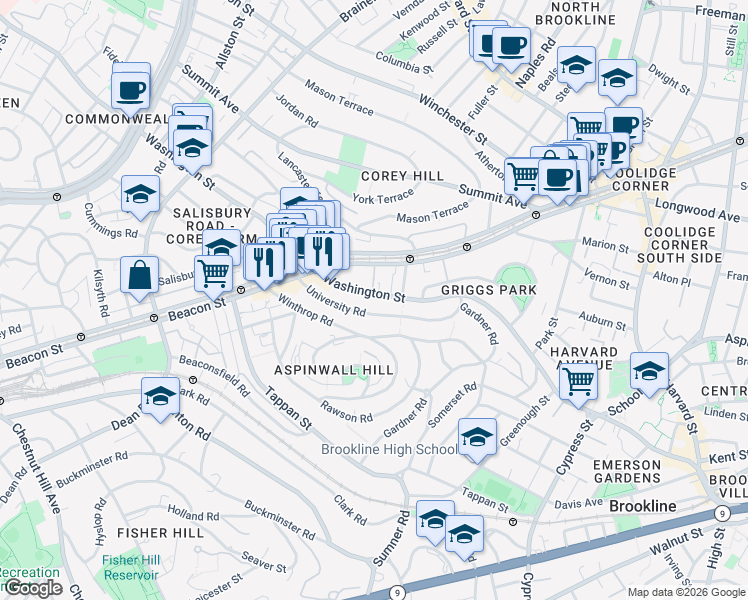 map of restaurants, bars, coffee shops, grocery stores, and more near 1581 Beacon Street in Brookline