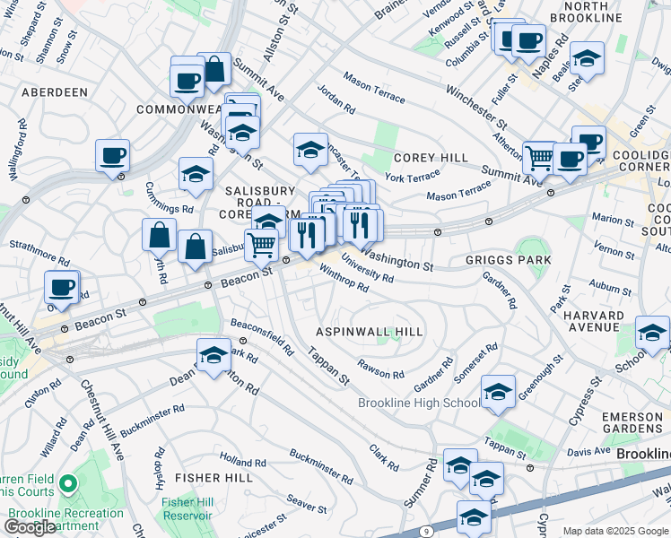 map of restaurants, bars, coffee shops, grocery stores, and more near in Brookline