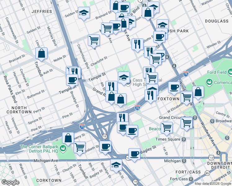 map of restaurants, bars, coffee shops, grocery stores, and more near 643 Ledyard Street in Detroit