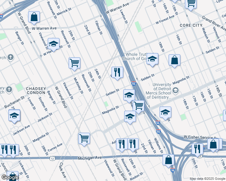 map of restaurants, bars, coffee shops, grocery stores, and more near 3957 23rd Street in Detroit