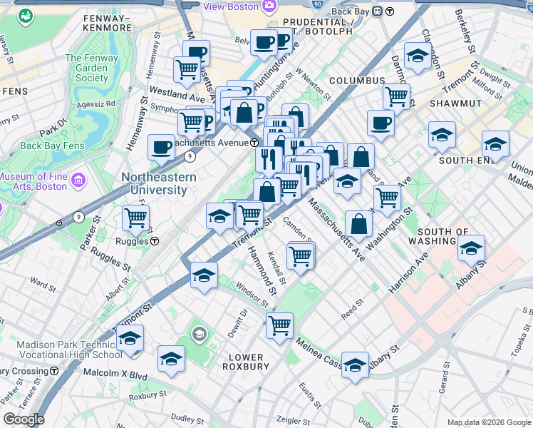 map of restaurants, bars, coffee shops, grocery stores, and more near 268-272 Northampton Street in Boston