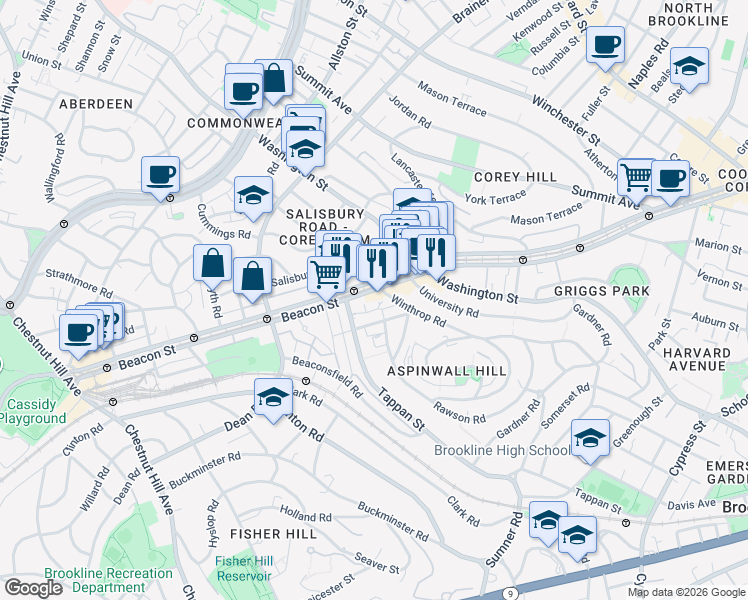 map of restaurants, bars, coffee shops, grocery stores, and more near 1674 Beacon Street in Brookline
