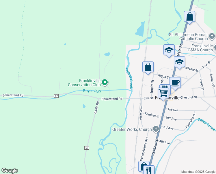 map of restaurants, bars, coffee shops, grocery stores, and more near 3040 Bakerstand Road in Franklinville